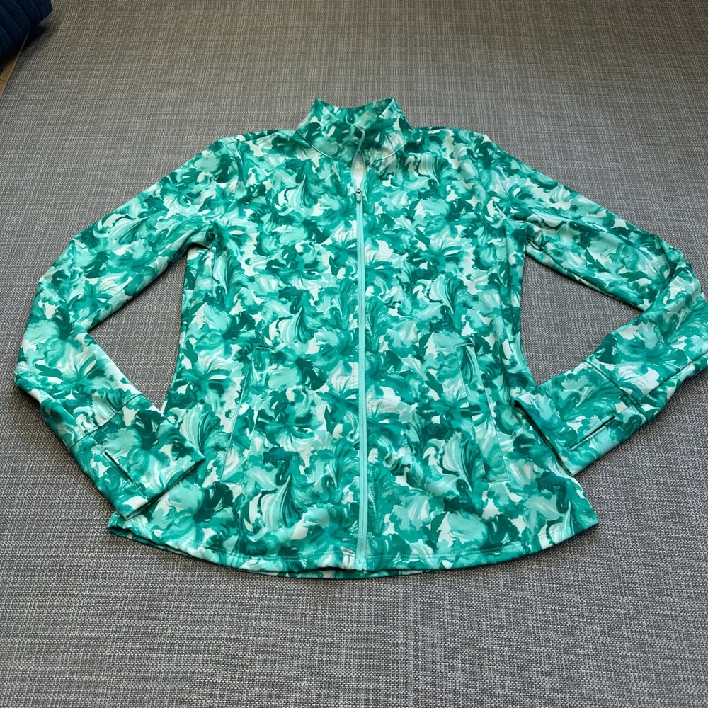 Tommy Bahama Active Floral Zip Jacket Womens Small Green Thumbholes‎ Watercolor